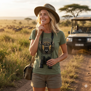 Woman wearing African Wildlife kudu graphic t-shirt in premium combed cotton